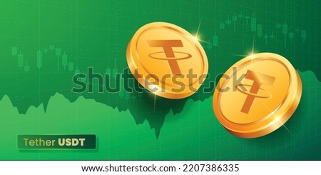 Tether USDT cryptocurrency coins on financial chart background vector illustration