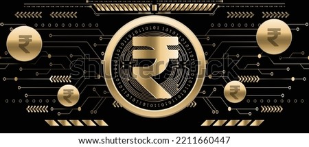 Digital Rupee INR golden coin on futuristic technology background vector illustration banner and wallpaper template. Indian currency and financial market concept design. 