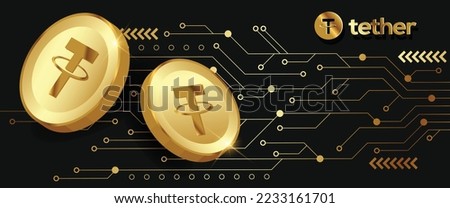 Tether USDT Cryptocurrency golden coins vector illustration banner and background