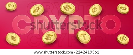 Cryptocurrency banner with Bitcoin, Ethereum, Binance, USD Coin, Polygon, Tether and Solana crypto golden coins