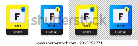 Fluorine F element in Periodic table with atomic number and mass. Chemistry infographic and print vector illustration. Can be used as sticker, chart, card and label template. 