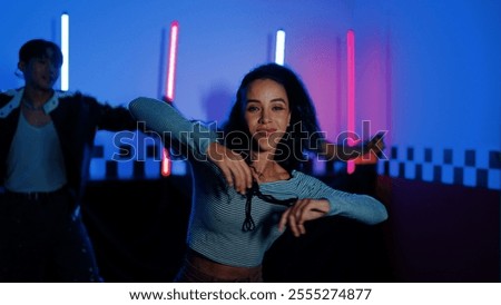 Image, Stock Photo Skillful break dancer performing handstand while moving