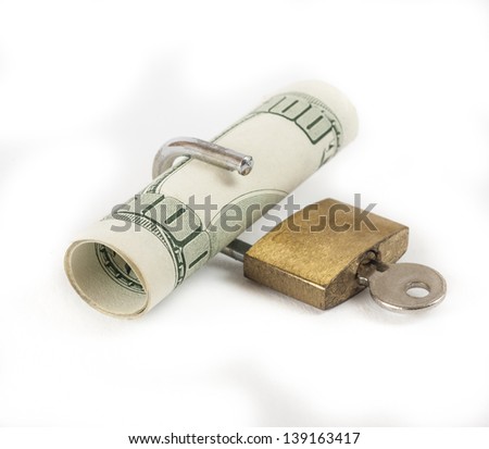 American dollars cash with padlock isolated on a white background concept locked financial security