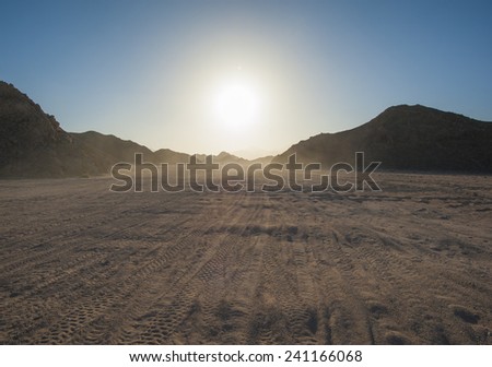 Vehicle tyre tracks going through a desolate arid rocky desert landscape