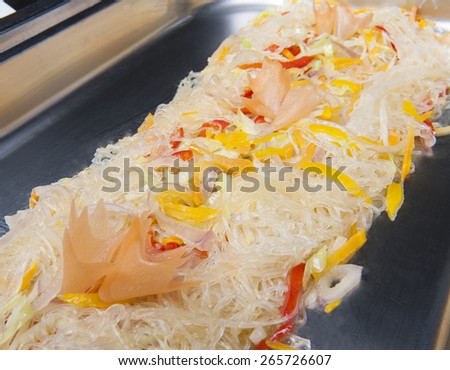 Closeup of chinese glass noodles on display at a hotel restaurant buffet
