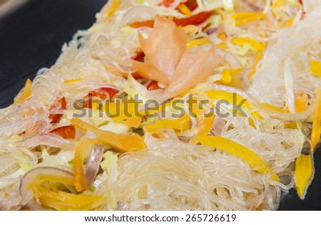 Closeup of chinese glass noodles on display at a hotel restaurant buffet