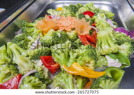 Closeup of stir fry vegetables meal on display at a chinese restaurant buffet