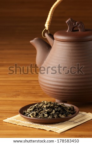 Fragrant green tea and ceramic teapot.
