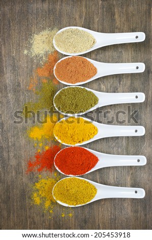 Assorted powder spices in white spoons on wood. Top view point.