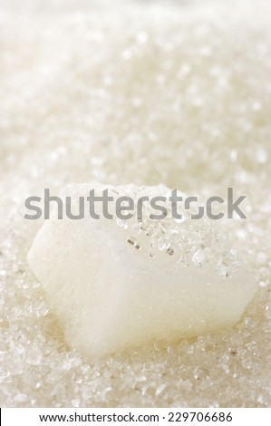 Granulated sugar and sugar cube as background. Shallow DOF.