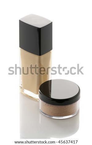 Cosmetic liquid foundation and mineral powder on white background.