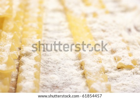 Close-up of pasta (mafaldi) in flour. Selective focus on foreground.