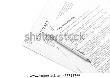 Fastened pages with legal documents and pen on white background.