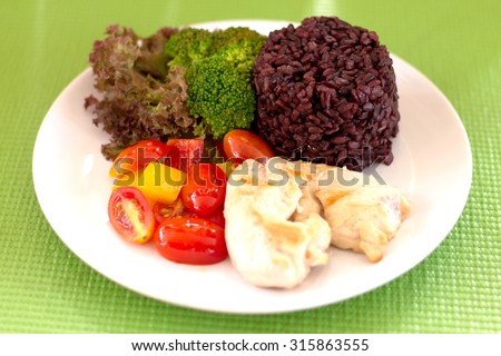 Clean eating, Clean food, Chicken grilled and vegetable and rice in white plate.