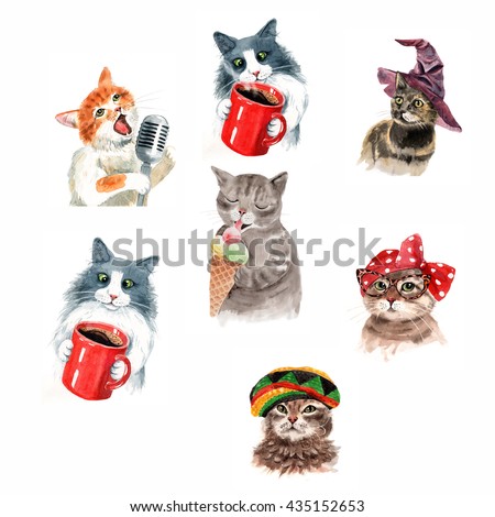 Funny cats watercolor illustration. Cute kitten eating ice cream. Cat in glasses. Cute cat with cup of coffee. Cat in Sorting Hat. Singing Cat with microphone.