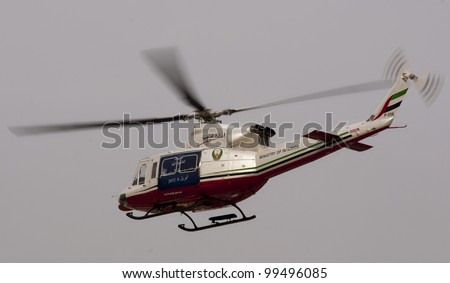 DUBAI - UAE - APRIL 06 2012: A chopper from Ministry of Interior, Dubai during the \