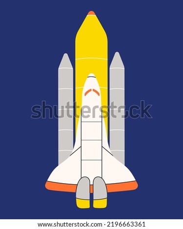 Spaceship, shuttle in simple flat line vector style. Jet plane, nasa, astronomy, cosmos, technology, travel, vehicle, apparatus, explore. Abstract isolated illustration for sticker, icons, patches.