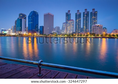 BANGKOK, THAILAND - March 21, 2015: Landscape of Bangkok city downtown in night time. Capture from Benjakitti Park, Thailand