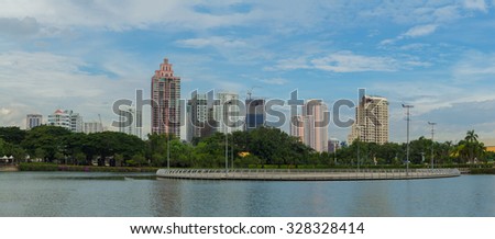 Bangkok, Thailand - September 13 2015 : Landscape of Bangkok city. Capture from Benjakitti Park in Bangkok.This place is very popular that tourists like to take photos of modern architecture.