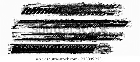 Tire tread marks, wheel textures, tire marks - car racing, motocross, drift, rally, off-road and others. Vector black isolated texture in grunge style with splashes. Black and white monochrome se