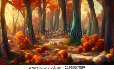 Fantastic nature background paintings. Autumn and winter seasons. Digital and watercolor art. 
