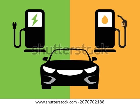 EV Environment friendly electric car vs conventional internal combustion engine automobile graphic. Editable Vector illustration EPS 10.