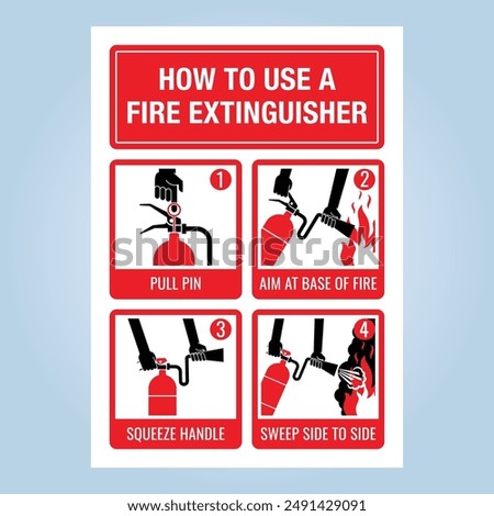 HOW TO USE A FIRE EXTINGUISHER poster. Pull Aim Squeeze Sweep. EPS 10 Vector Graphic Illustration Isolated on White Background.