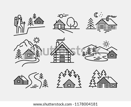 Log Cabin Vector Line Icons