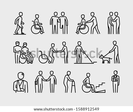 Disabled People Supporting Disability Mobility Aids Vector Line Icons