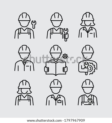 Construction Builder Worker Engineer Avatar Vector Line Icons