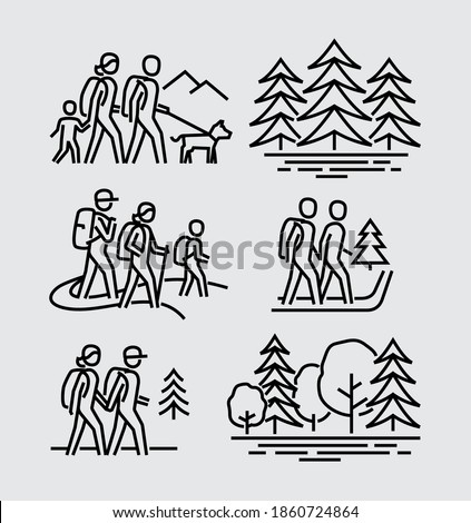 Hiking Couple Family Vector Line Icons