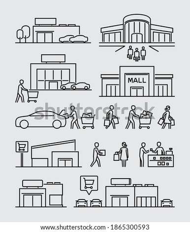 Shopping Mall Buildings Buyers Vector Line Icons