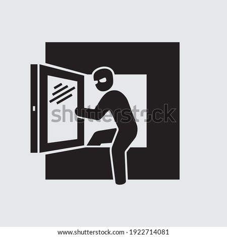 Thief breaking into house through the window vector icon