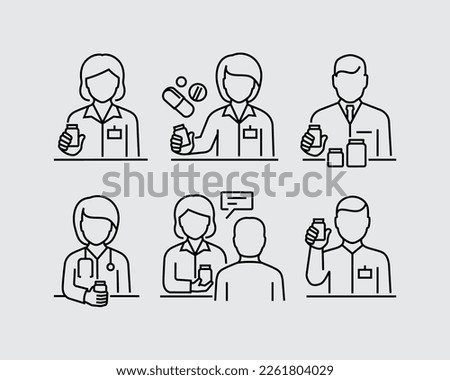 Pharmacist Selling Medications Holding Pills Bottle Vector Line Icons