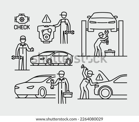 Auto Mechanic Working on Car Repair Service Vector Line Icons