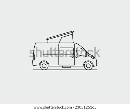Camper van with bed in the pop-top roof vector line icon