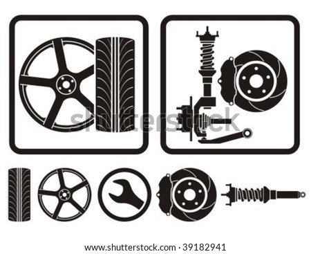 Wheel rim, tire, shock absorber vector icons.