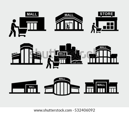 Vector mall building with shopper pushing shopping cart icons