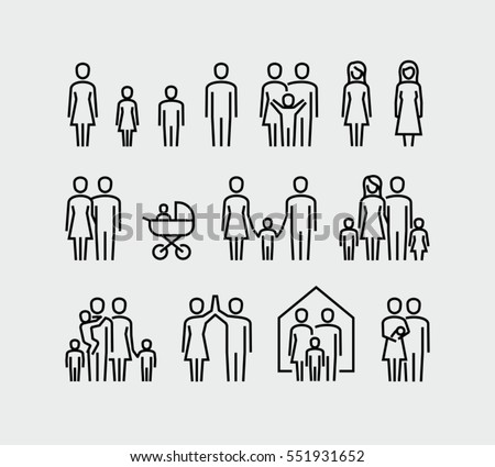 Family vector icons set in thin line style 