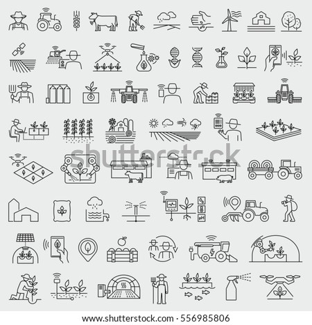 Smart farming and agriculture thin line vector icons set