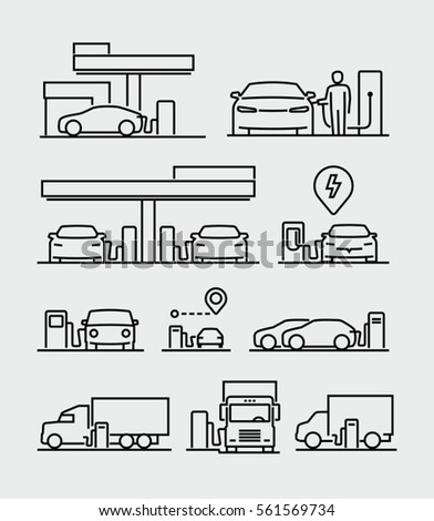 Gas station or electric vehicle charging station vector line icons