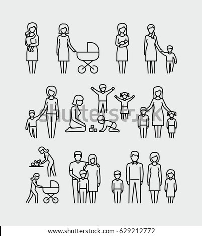 Mother and child, nanny watching baby, family vector icons set in thin line style