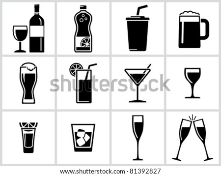 Vector black drinks & beverages icons set. All white areas are cut away from icons and black areas merged.