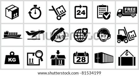 Vector black logistics and shipping icons set. All white areas are cut away from icons and black areas merged.