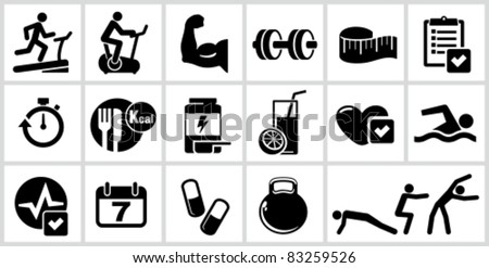 Vector bodybuilding icons set. All white areas are cut away from icons and black areas merged.