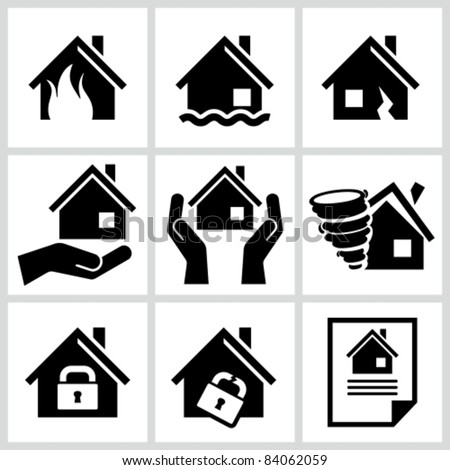 House insurance icons Set. All white areas are cut away from icons and black areas merged.