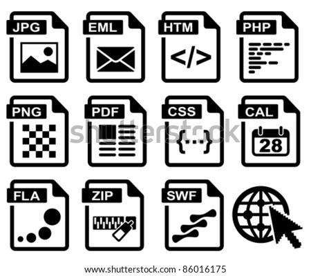 File type icons: web set. All white areas are cut away from icons and black areas merged.