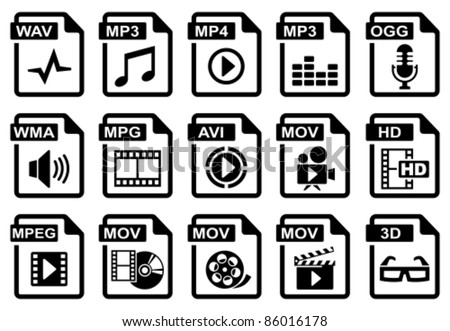 File type icons: audio & video set. All white areas are cut away from icons and black areas merged.