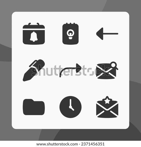 Essential icons in glyph style, for ui ux design, website icons, interface and business. Including calendar, reminder, time, pen, folder, favorite message, note, etc.