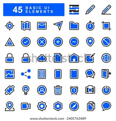 45 basic UI element icons in blue fill style, including home, app buttons, maps, time, share and more. Suitable for UI UX design needs, advertising, applications and social media.